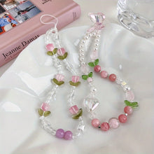 Load image into Gallery viewer, Korea Cute Pink Tulips Crystal Phone Chain Clear Flower Beaded For Phone Samsung Pendant Anti-Lost Phone Chain Hanging Jewelry
