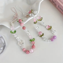 Load image into Gallery viewer, Korea Cute Pink Tulips Crystal Phone Chain Clear Flower Beaded For Phone Samsung Pendant Anti-Lost Phone Chain Hanging Jewelry
