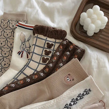 Load image into Gallery viewer, 5 Pairs Cute Cartoon Socks Animal Print Bear Socks Japanese Fashion Kawaii Women Cotton Rhombus Middle Tube Socks
