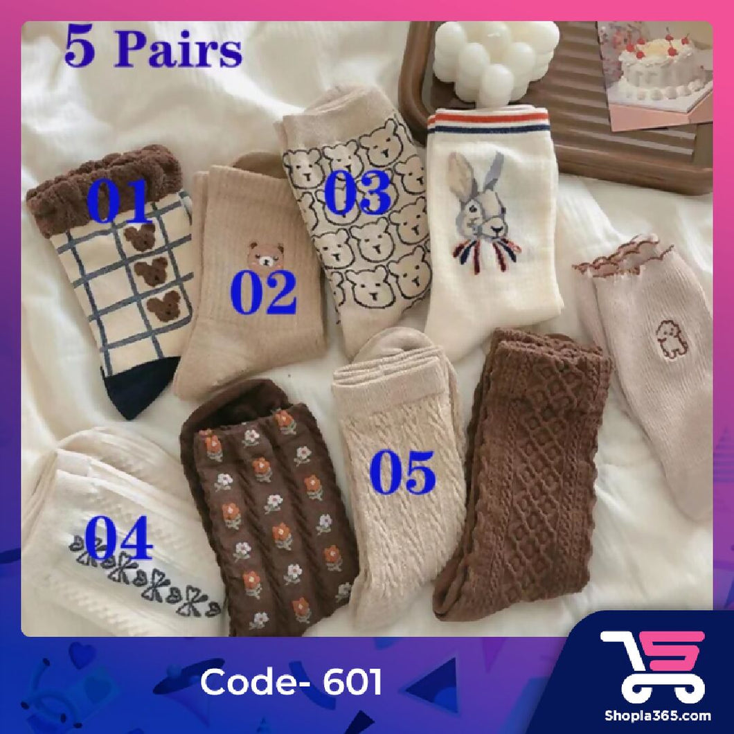 5 Pairs Cute Cartoon Socks Animal Print Bear Socks Japanese Fashion Kawaii Women Cotton Rhombus Middle Tube Socks