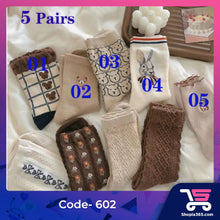Load image into Gallery viewer, 5 Pairs Cute Cartoon Socks Animal Print Bear Socks Japanese Fashion Kawaii Women Cotton Rhombus Middle Tube Socks
